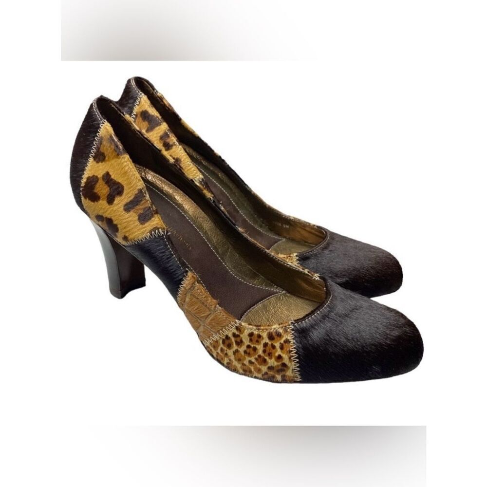 OH! Wm’s Sz 9 Multi Animal Print Patch Work Leather Calf Hair 3.5” Heel Pumps